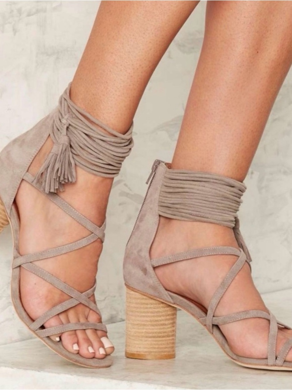 Jeffrey Campbell Taupe Suede Wrap-Ankle Block Heel Sandals
